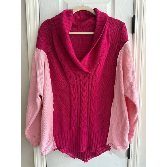 Handmade Upcycled Women’s Pink V Neck Cable Knit Flowy Sweater size Large XL - Picture 1 of 5